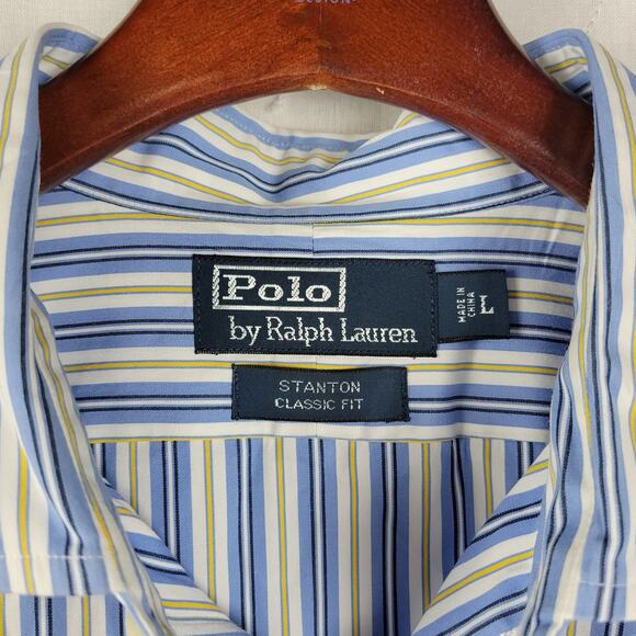 POLO Ralph Lauren Stanton Classic Fit Mens Shirt Size L Blue Striped Button Down - Picture 2 of 10